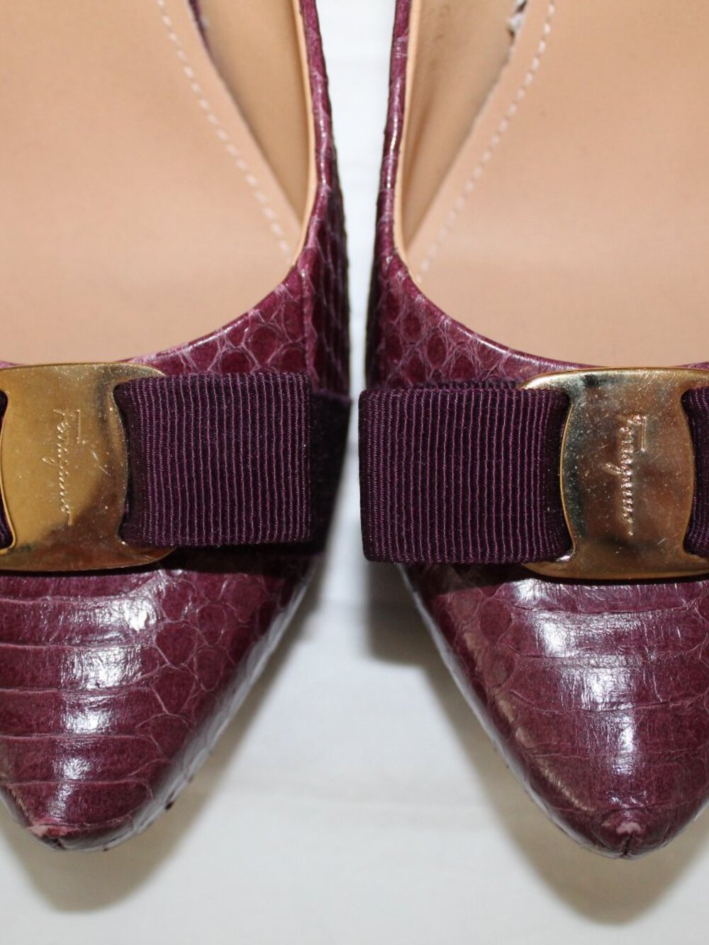 Salvatore Ferragamo Python Embossed Leather Pumps Platform Heels Plum 9.5 - Picture 6 of 10